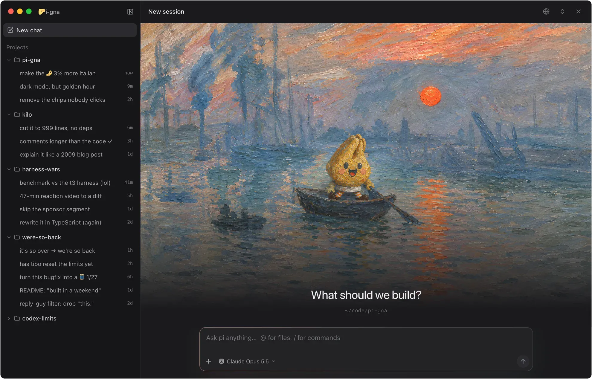 pi-gna’s window: projects and their chats in the sidebar, and a new chat over Pigna in a rowing boat in Monet’s Impression, Sunrise