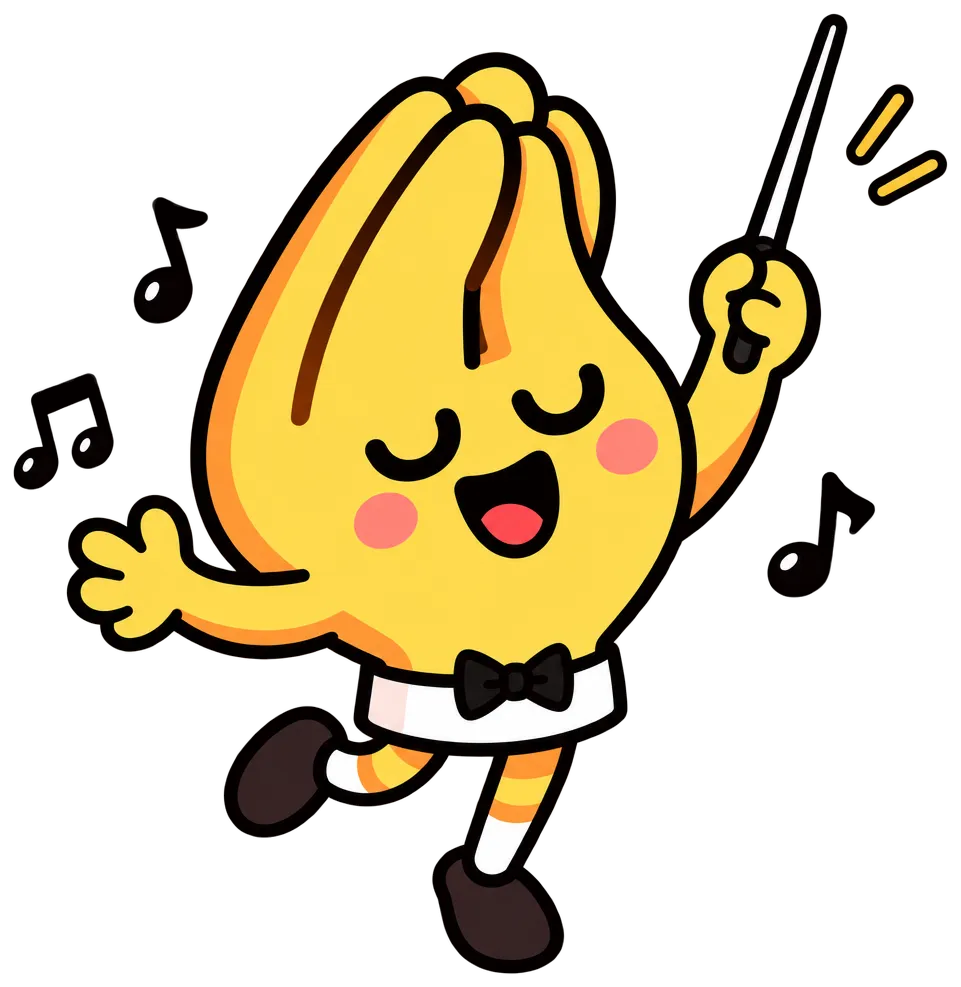 Pigna conducting with a baton and music notes